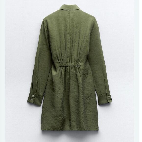Zara Belted Mini Shirt Dress Size Large in Green Blogger Favorite Long Sleeve - Picture 9 of 9